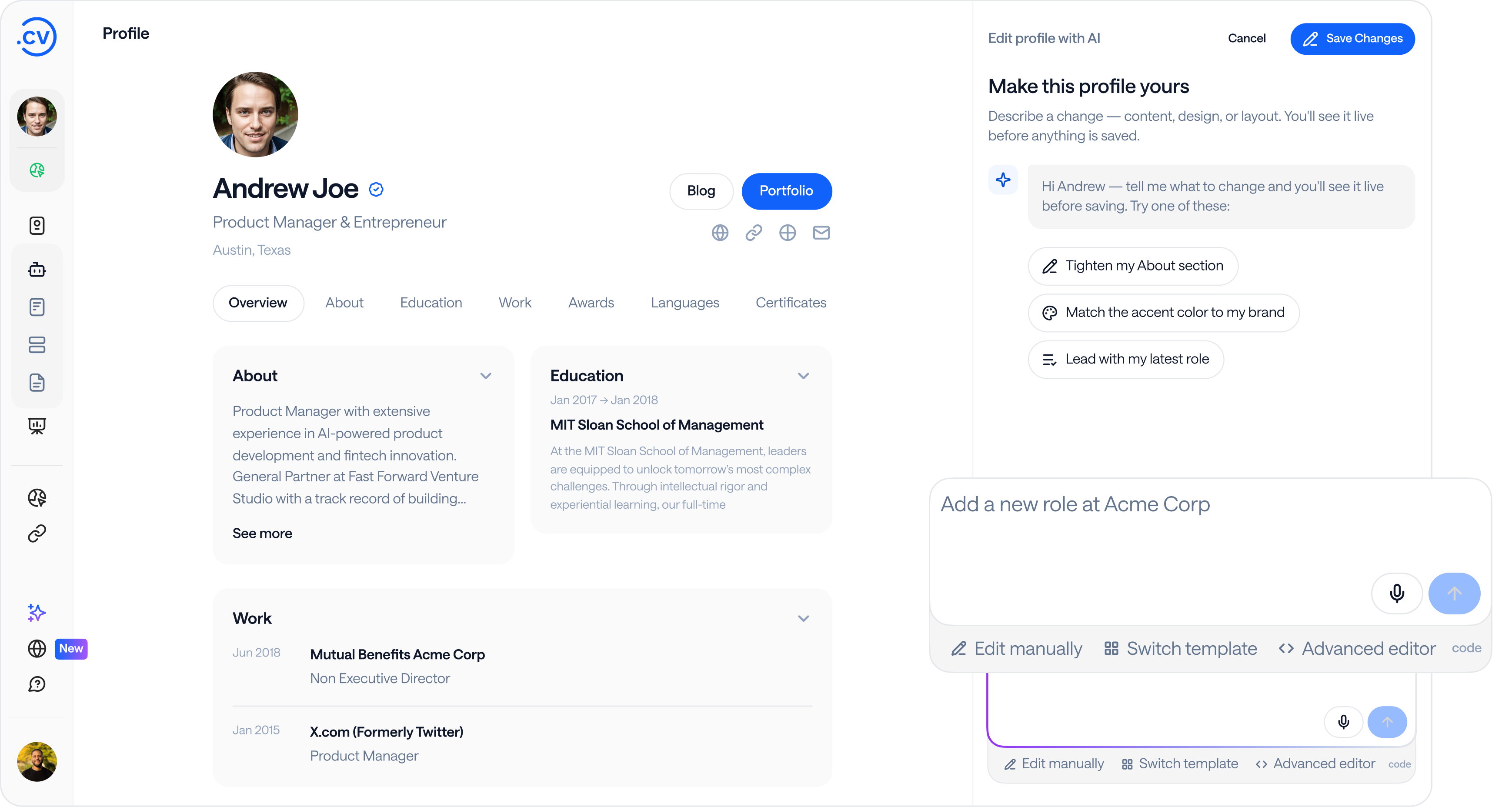 Edit your profile with AI — chat to change content, design, or layout and see updates live